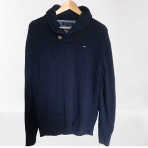 Tommy Hilfiger Classic Navy Blue Shawl Collar Cotton Knit Sweater Large